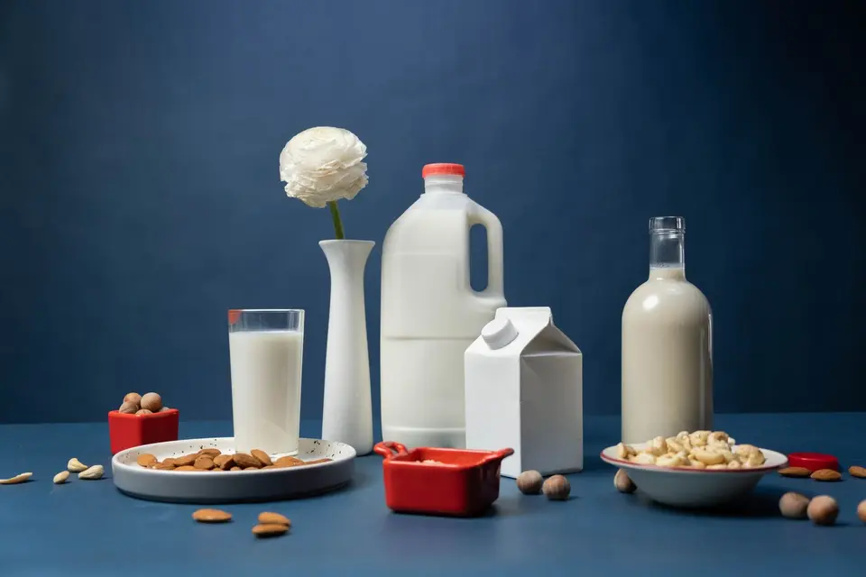 A glass bottle of milk, a paper carton and a small can of milk standing together on a plain kitchen counter.