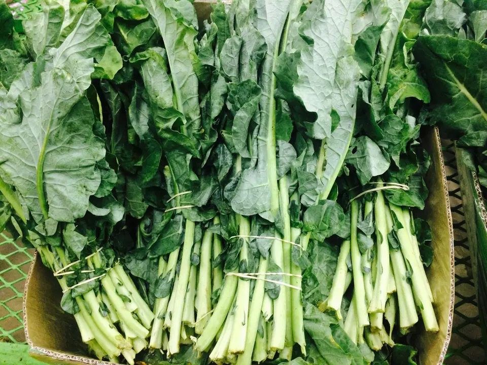 A bunch of Chinese kale with thick green stems and broad dark leaves on a kitchen board.