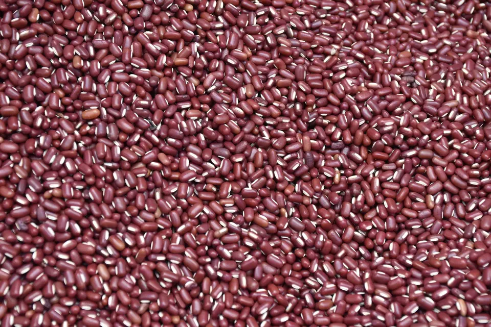 A heap of small, dark red dry adzuki beans in a ceramic bowl on a plain table.