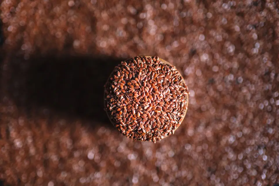 A small ceramic bowl of glossy brown flax seeds on a pale wooden surface.