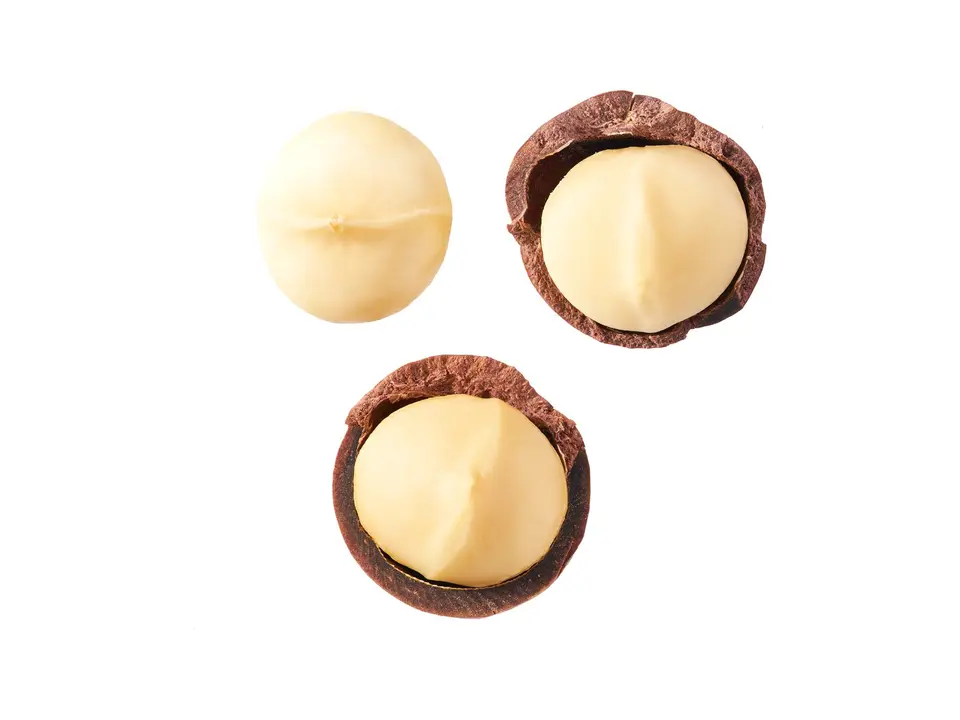 Organic macadamia nuts, on a white background